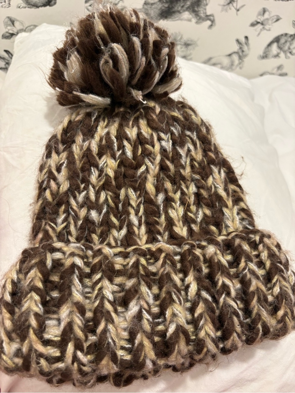 Vince Camuto Brown and Cream Marled Knit Pom Beanie